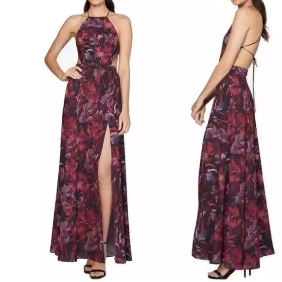 Fame And Partners Purple Floral Maxi Dress Halter Strappy Back High Slit Size 0 - Picture 1 of 13